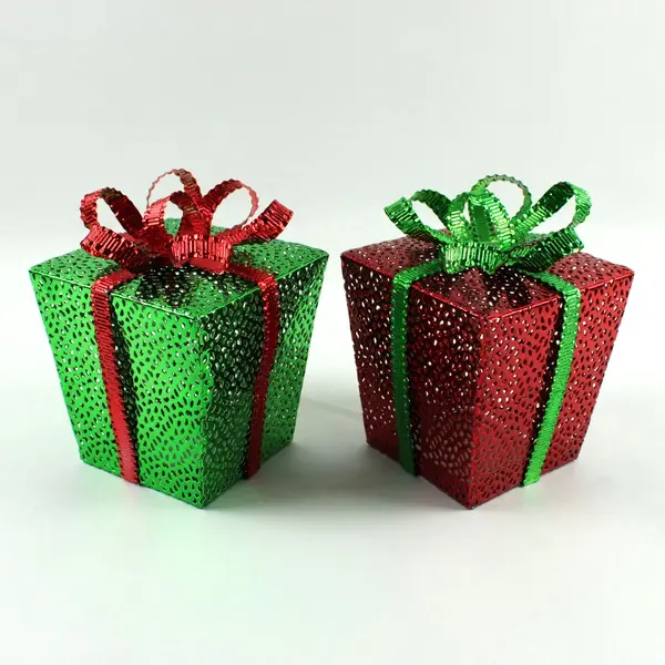 Lot of 2 Metal Christmas Present Figurines Red Green Tabletop Decor