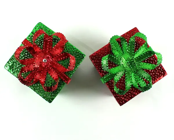 Lot of 2 Metal Christmas Present Figurines Red Green Tabletop Decor