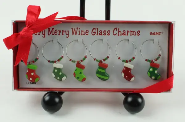 Ganz Very Merry Christmas Stocking Wine Glass Charms Set of 6 New in Box