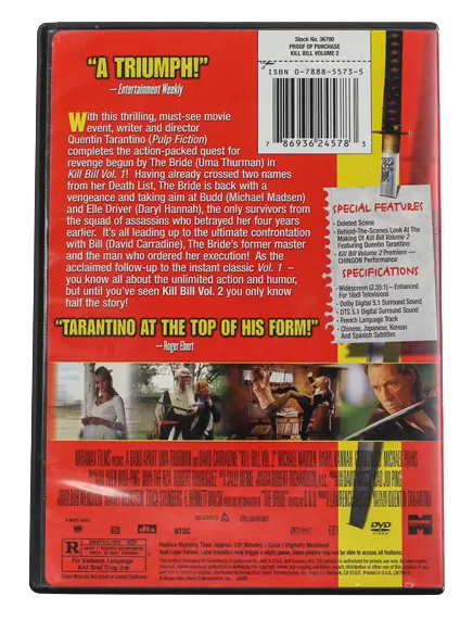 Kill Bill Volume 2 DVD Quentin Tarantino Uma Thurman Rated R