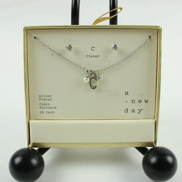 A New Day Silver Plated Cubic Zirconia C Initial Necklace Earring Set 18in