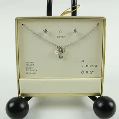 A New Day Silver Plated Cubic Zirconia C Initial Necklace Earring Set 18in