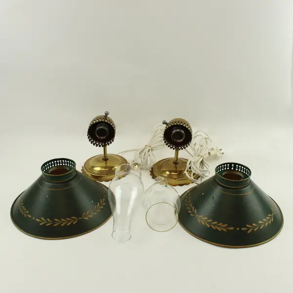Pair of French Empire Wall Sconces Green Tole Shades Brass