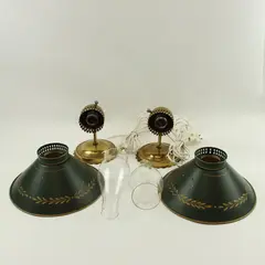 Pair of French Empire Wall Sconces Green Tole Shades Brass