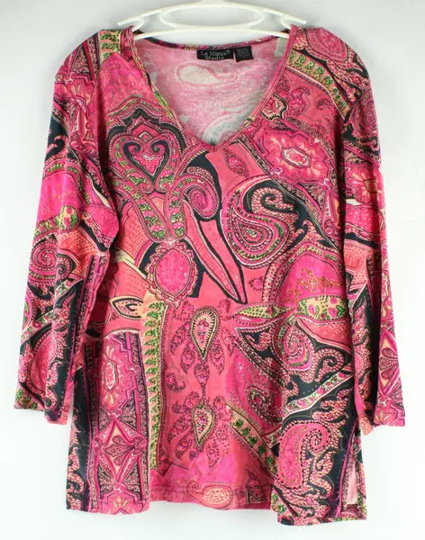 Le Mieux Studio Women's Paisley Beaded V-Neck Top Size L