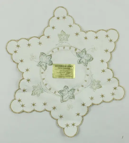 Yesteryear Linen Star-Shaped Embroidered Floral Doily Polyester Gold Trim 9.5in
