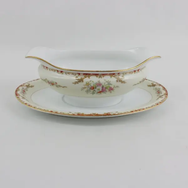 Noritake China Gravy Boat with Attached Underplate Yellow White Floral