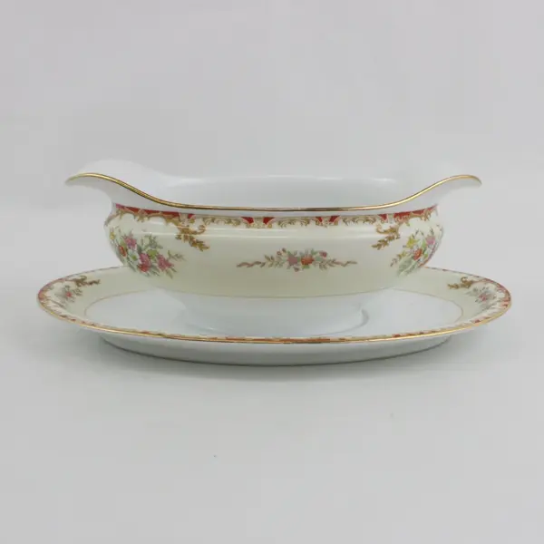 Noritake China Gravy Boat with Attached Underplate Yellow White Floral