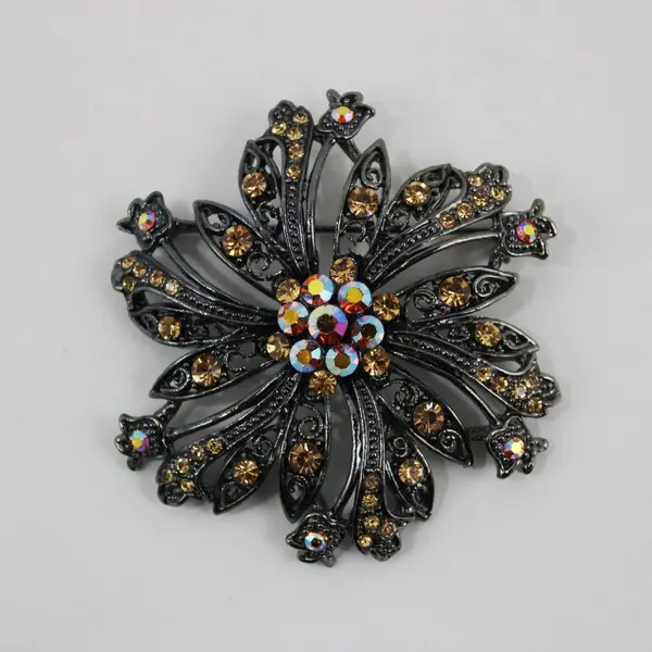 Vintage Aurora Borealis Rhinestone Flower Leaf Brooch Pin