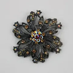 Vintage Aurora Borealis Rhinestone Flower Leaf Brooch Pin