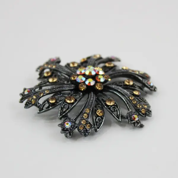 Vintage Aurora Borealis Rhinestone Flower Leaf Brooch Pin