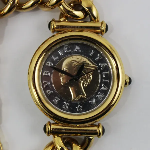 Vintage Bellezza Italian Lira Coin Watch Gold Tone Chunky Link Chain Bracelet