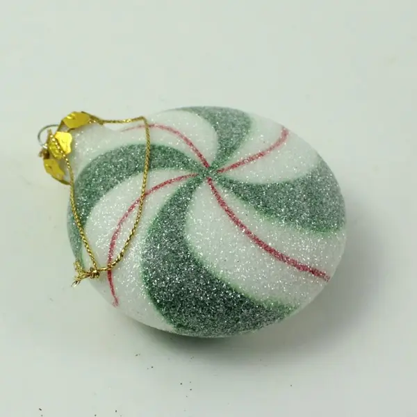Christmas Candy Ornament Green Red White Swirls Sugared Style 4" Tall Good