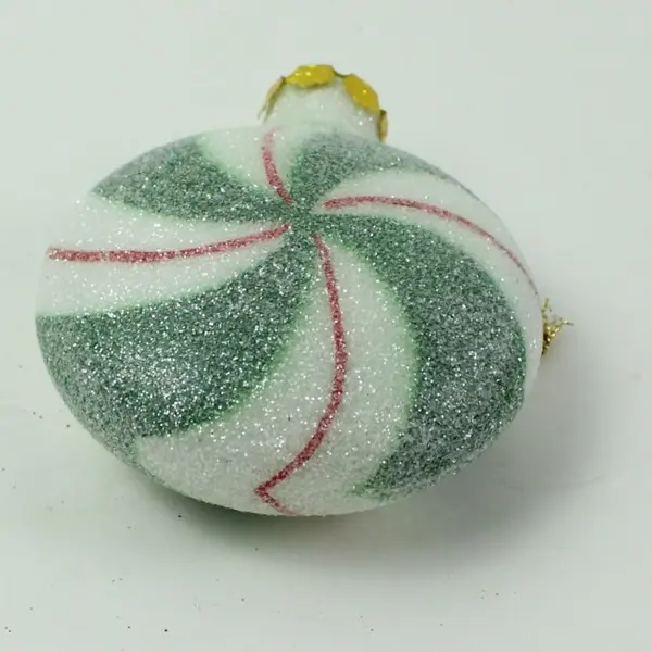 Christmas Candy Ornament Green Red White Swirls Sugared Style 4" Tall Good