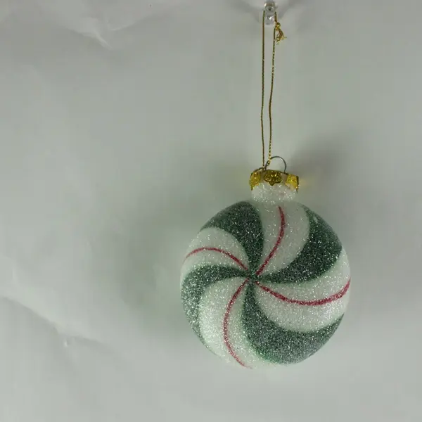 Christmas Candy Ornament Green Red White Swirls Sugared Style 4" Tall Good
