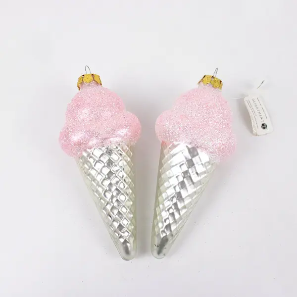 Lot of 2 Department 56 Glass Pink Glitter Ice Cream Cone Ornaments 5.5"