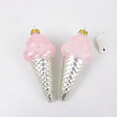 Lot of 2 Department 56 Glass Pink Glitter Ice Cream Cone Ornaments 5.5"