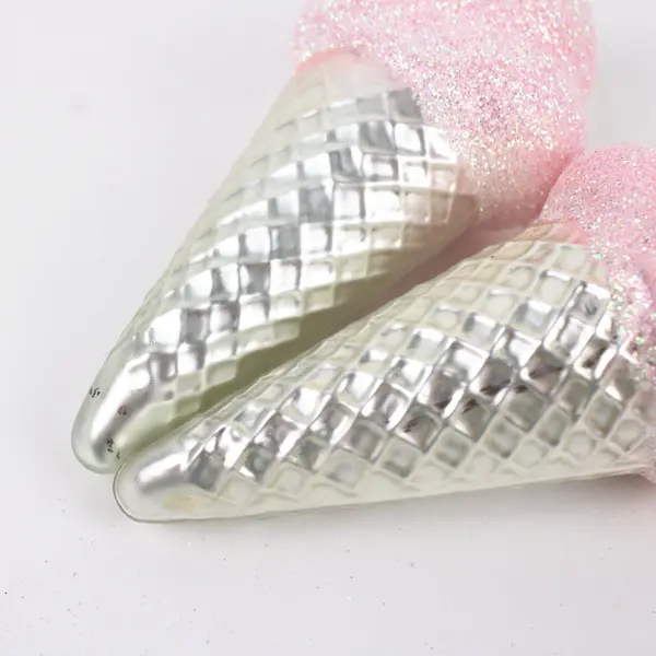 Lot of 2 Department 56 Glass Pink Glitter Ice Cream Cone Ornaments 5.5"