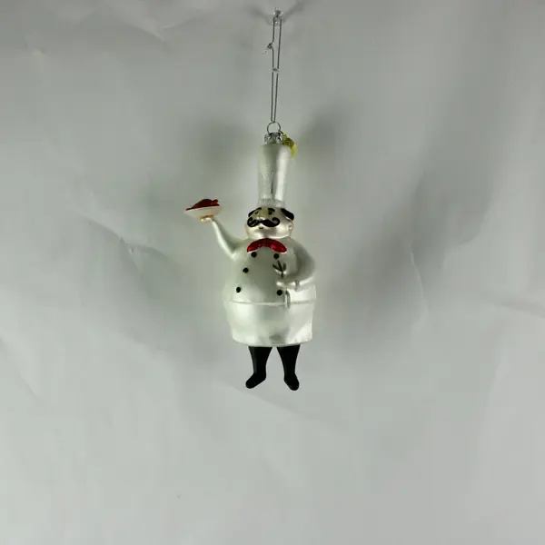 Seasons of Cannon Falls Blown Glass Chef Ornament White Uniform Red Bow Tie 7"