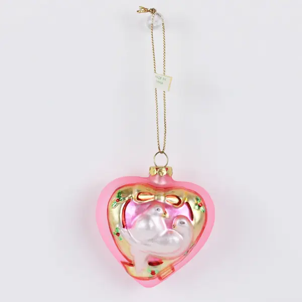 Pink Heart-Shaped Glass Ornament Two White Turtle Doves Holiday Decor 3" Tall