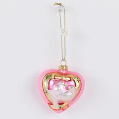 Pink Heart-Shaped Glass Ornament Two White Turtle Doves Holiday Decor 3" Tall