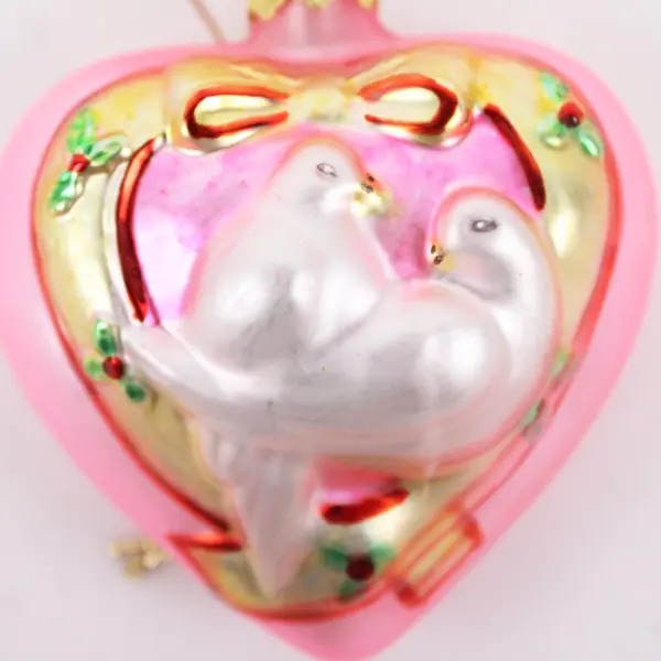 Pink Heart-Shaped Glass Ornament Two White Turtle Doves Holiday Decor 3" Tall