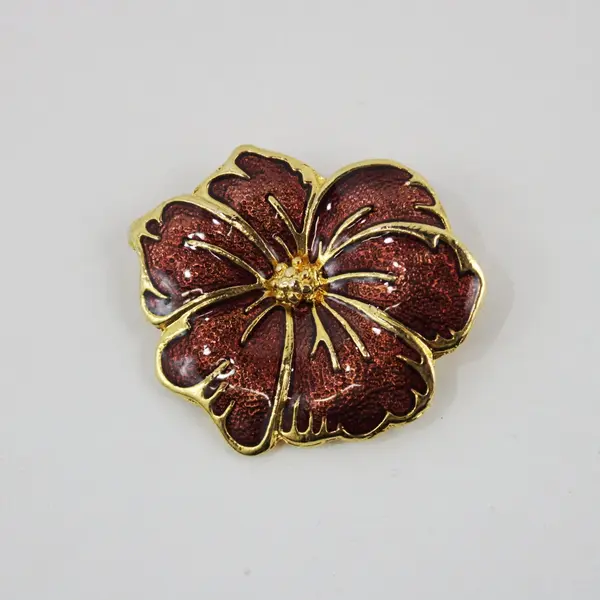Burgundy Enamel Hibiscus Brooch Gold-Tone Trim 2 Inch