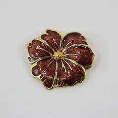 Burgundy Enamel Hibiscus Brooch Gold-Tone Trim 2 Inch