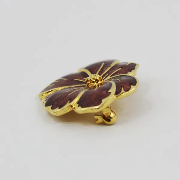 Burgundy Enamel Hibiscus Brooch Gold-Tone Trim 2 Inch