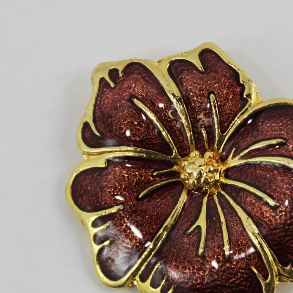 Burgundy Enamel Hibiscus Brooch Gold-Tone Trim 2 Inch
