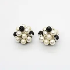 Faux Pearl Black Bead Cluster Clip-On Earrings Japan