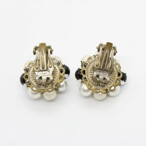 Faux Pearl Black Bead Cluster Clip-On Earrings Japan