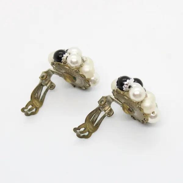 Faux Pearl Black Bead Cluster Clip-On Earrings Japan