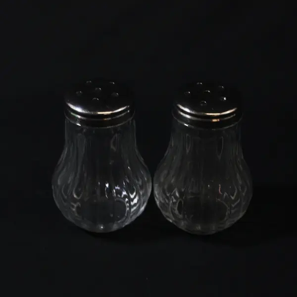 Lot of 2 Ribbed Glass Seasoning Shakers Silver Tone Lids Parmesan Red Pepper