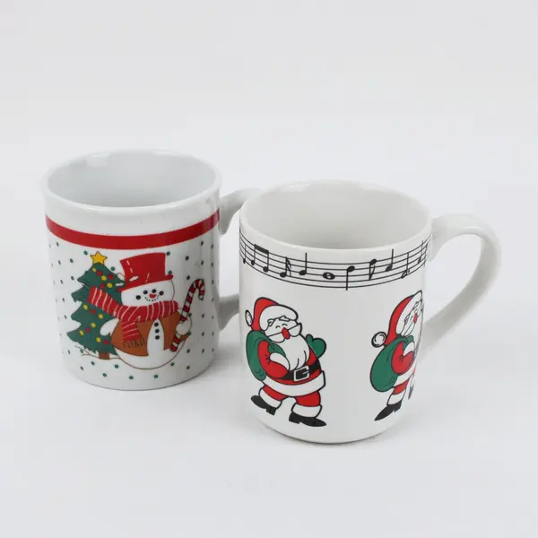 Pair of Christmas Coffee Mugs Snowman Santa Musical Notes Holiday Cups