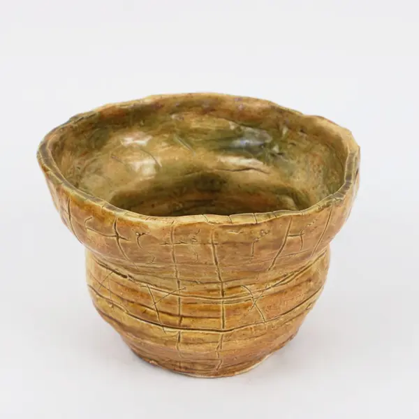 Handmade Pottery Brown Tan Glazed Footed Pot Textured Ceramic Vessel