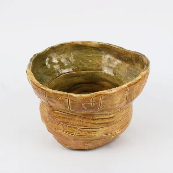 Handmade Pottery Brown Tan Glazed Footed Pot Textured Ceramic Vessel