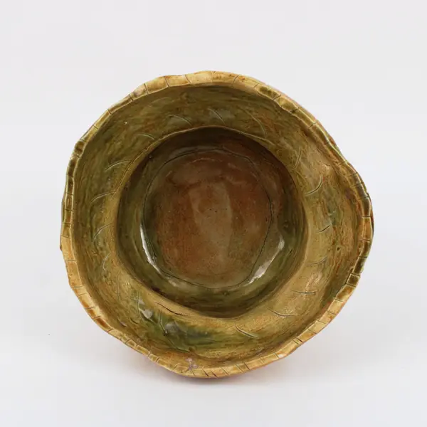 Handmade Pottery Brown Tan Glazed Footed Pot Textured Ceramic Vessel