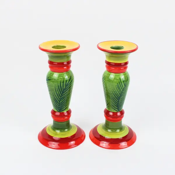 Department 56 Palm Leaf Taper Candlestick Holders Pair Red Green