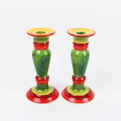 Department 56 Palm Leaf Taper Candlestick Holders Pair Red Green