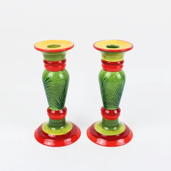 Department 56 Palm Leaf Taper Candlestick Holders Pair Red Green