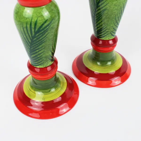 Department 56 Palm Leaf Taper Candlestick Holders Pair Red Green