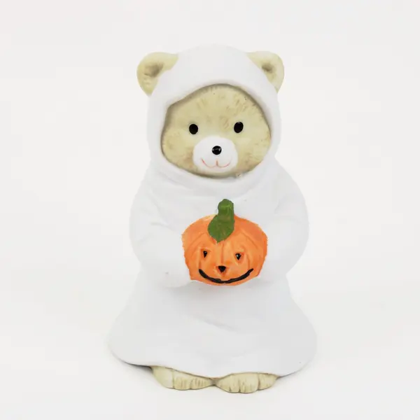 Homco Halloween Bear Ghost Figurine Holding Jack O Lantern Pumpkin