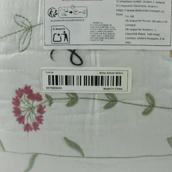 Li Ao Bai King White Floral Embroidered Coverlet 240 x 250 cm