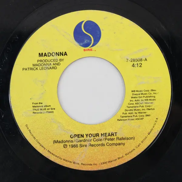 Madonna Open Your Heart White Heat 7-28508 7" Vinyl 45 RPM Sire Record
