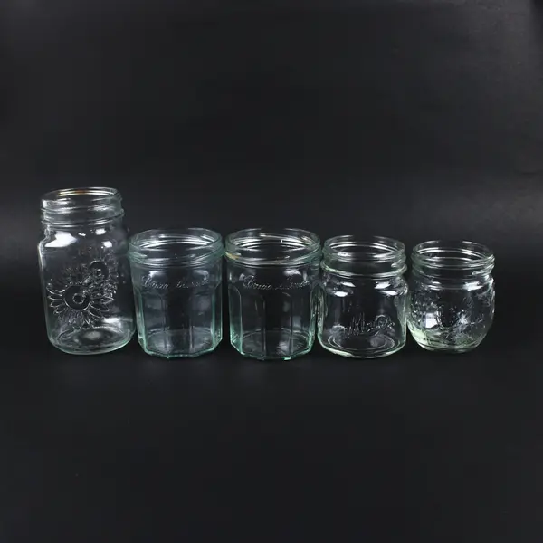 Lot of 5 Mixed Clear Glass Jars No Lids 