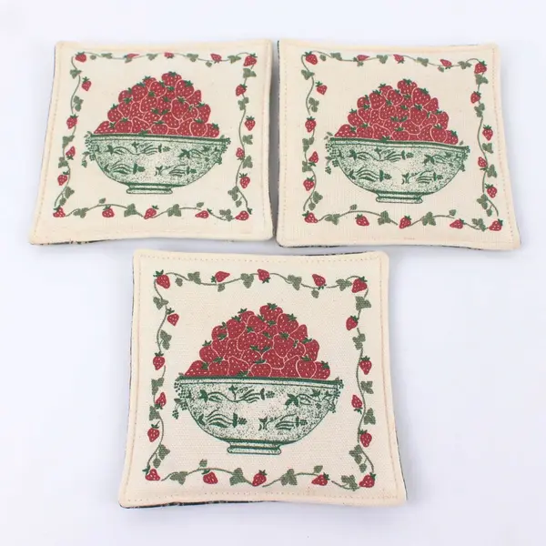 Set of 3 Bowl of Strawberries Fabric Trivets 4.5 Inch Kitchen Trivets