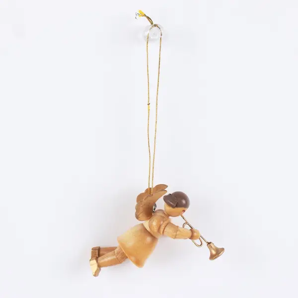 Small Vintage Wooden Angel With Trumpet Ornament 2-1/4 Inch FLAWED