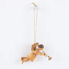 Small Vintage Wooden Angel With Trumpet Ornament 2-1/4 Inch FLAWED