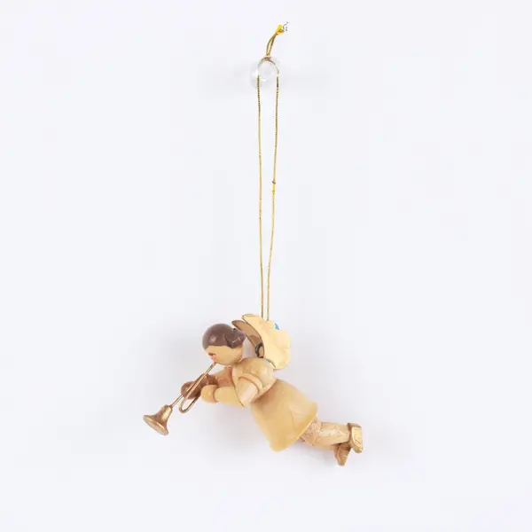 Small Vintage Wooden Angel With Trumpet Ornament 2-1/4 Inch FLAWED